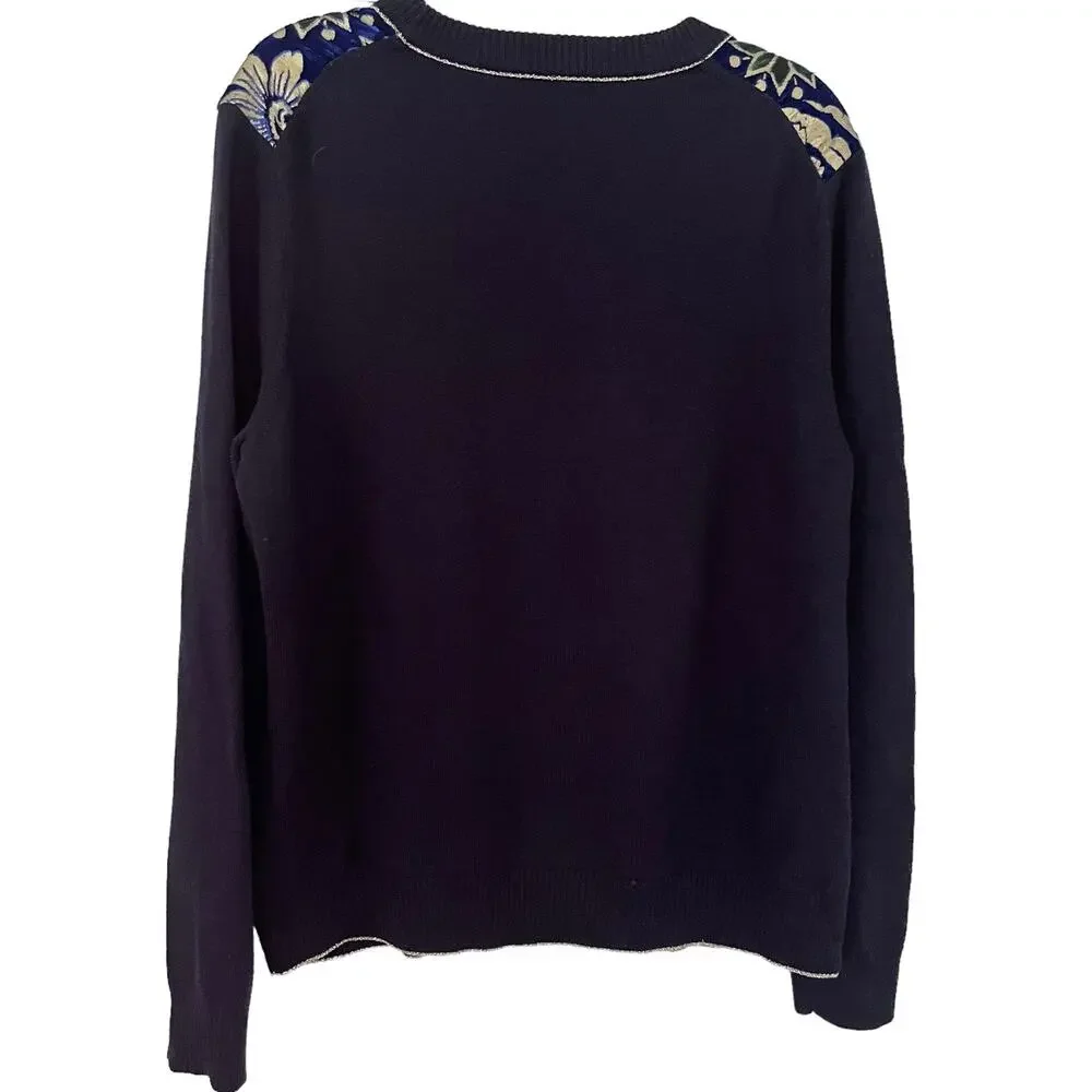 Tory Burch Hollis Floral Foil Print Velvet Front Navy Crewneck Sweater Size XL